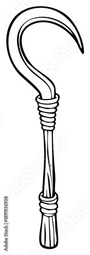 Cartoon style sketch illustration of a wooden sickle with a curved blade and wrapped grip depicting ancient farming tools