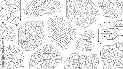 Abstract geometric patterns and circuit board lines creating a modern tech background.