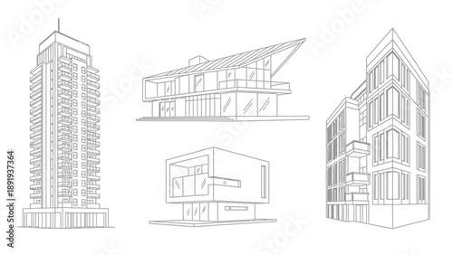 Collection of Architectural Building Sketches Showing Diverse Styles.