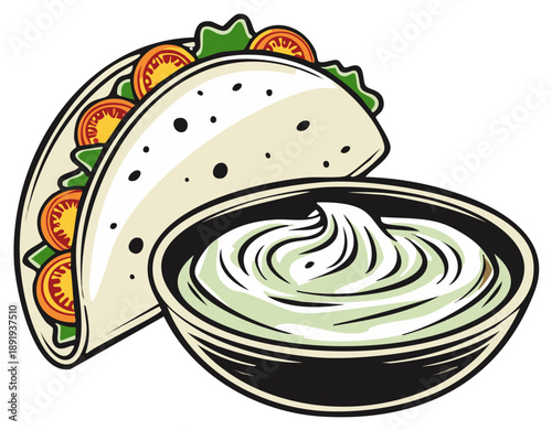 Delicious Mexican Taco and Creamy Green Dip Illustration Vibrant Cartoon Food Graphic