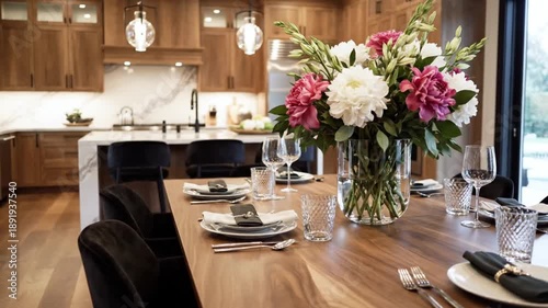 A modern kitchen and dining area featuring a marble countertop, wood cabinets, and dining table