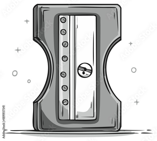 Gray metal pencil sharpener, manual sharpening tool for creating sharp pencil points, office supplies item for school or art