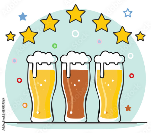 Three glasses of light and dark beer with foam and stars representing a quality rating
