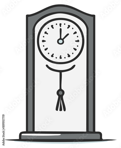 Hand drawn grandfather clock with pendulum and clock face showing time