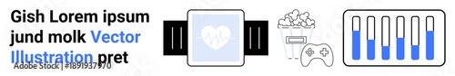 Smartwatch with heartbeat icon, popcorn, gaming controller, battery status. Ideal for technology, gaming, health monitoring, entertainment, lifestyle gadgets simple landing page