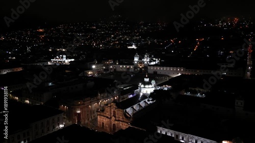 Aerial Night View of Quito Historic Center, Ecuador
Stunning aerial drone footage of Quito’s Historic Center at night, Ecuador. Illuminated colonial churches, historic buildings, and narro