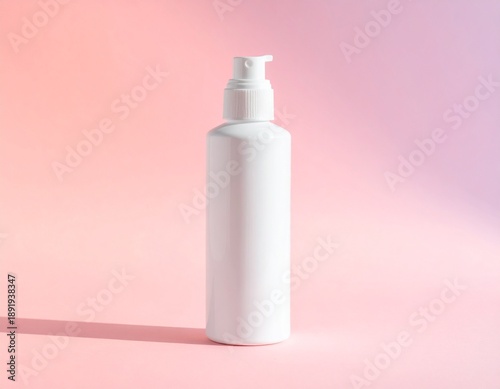 Minimal product mockup of a modern cosmetic bottle centered on a solid pastel background with soft studio lighting and clean shadows.