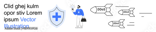 Cybersecurity, data protection, cyberattacks, online security, network defense, threat mitigation. A shield and person alongside missiles labeled DDoS. Cybersecurity and data protection
