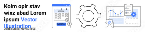 Calendar with payment button, large gear, analytics dashboard, and mail icon. Ideal for finance, business automation, payment systems, planning, data visualization project management simple landing