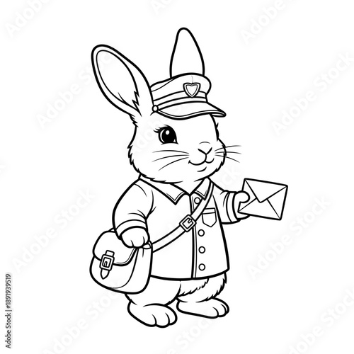Cute Cartoon Rabbit Postman Delivering Mail Coloring Page.
