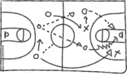 Hand drawn basketball play diagram showing player movements and ball passing action
