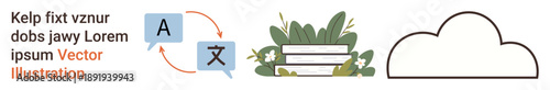 Language services, cloud computing, eco-friendly design, tech solutions, app interfaces, communication. Speech bubble translations, a planter with greenery and a cloud icon. Language services