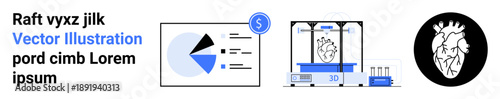 Pie chart with data metrics, futuristic 3D printer crafting heart model, and a digital heart sketch. Ideal for healthcare, biotechnology, innovation, education, medical research, technology simple