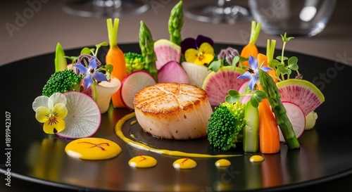 Exquisite Seared Scallop Dish Artfully Presented with Vibrant Garden Vegetables and Delicate Edible Flowers, Showcasing Modern Culinary Elegance and Gourmet Dining Experience