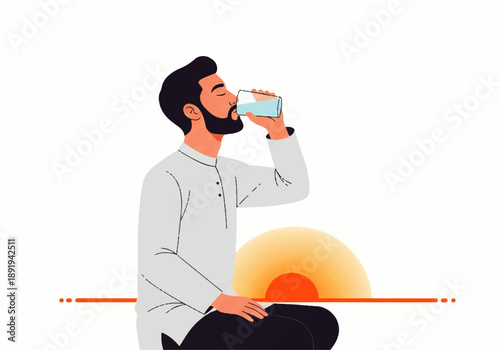A man in a simple outfit sits cross-legged drinking from a glass with a serene sunset behind him in a flat design illustration vector.