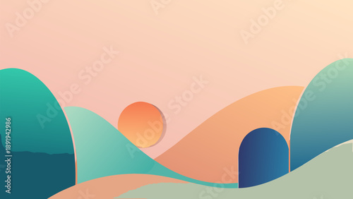 Vector illustration of an abstract landscape background featuring sunset waves over a desert mountain and orange summer sea under a cloudy sky
