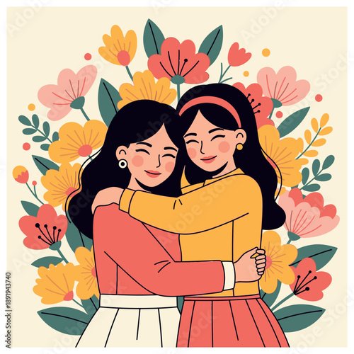 Two women embracing each other with love and affection surrounded by flowers.