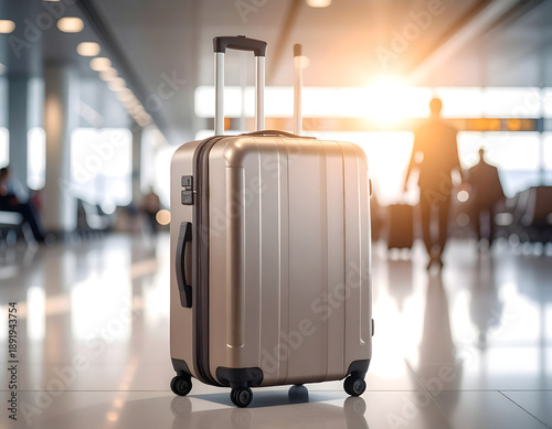 Close Up of Travel Suitcase in Airport Terminal with Blurred Background