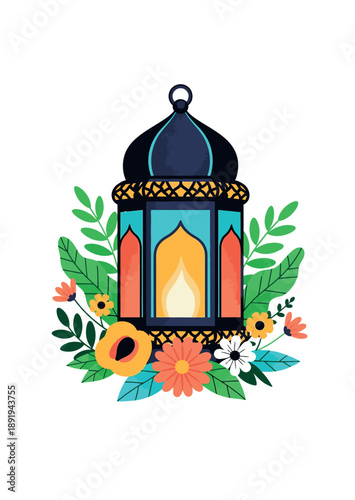 Colorful illustration of a lantern surrounded by flowers.