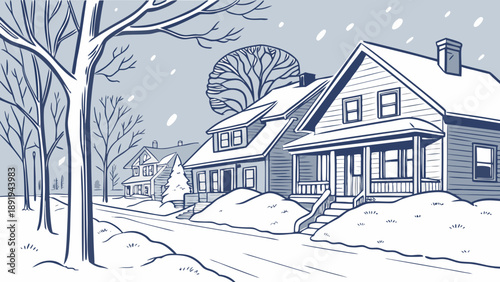 Residential neighborhood under heavy snowfall, houses covered in snow, poles and trees frozen.