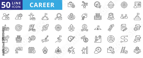 career icon pack outline contains job search, occupation, skill level, schedule, approved, breakthrough, presentation, human resources, management, leadership, expertise, development, coaching
