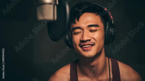 Cheerful Young Asian Man Recording Song or Podcast with Professional Microphone and Headphones in Studio