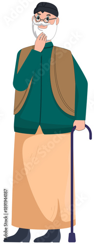 Contemplative Elder: An illustration of a distinguished elder, embodying wisdom and introspection, is thoughtfully posed with a walking aid.