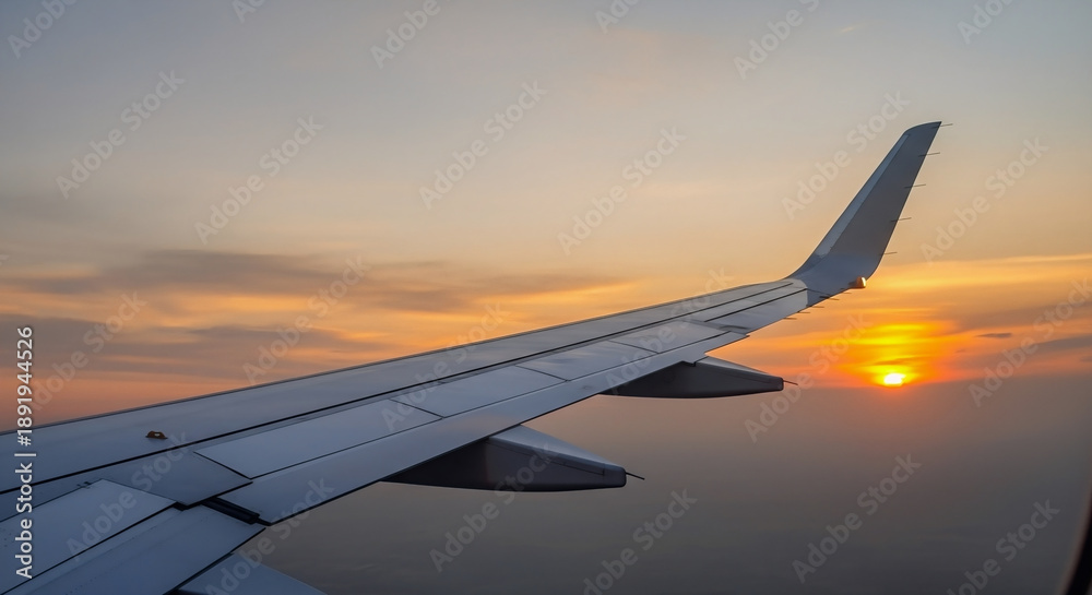 Obraz premium Airplane wing soaring through the sky during a breathtaking sunset