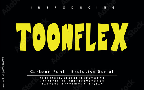 Toonflex is a flexible cartoon display font with elastic curves and fun balance. Designed for kids branding, comics, logos, posters, animations, and playful typography projects.