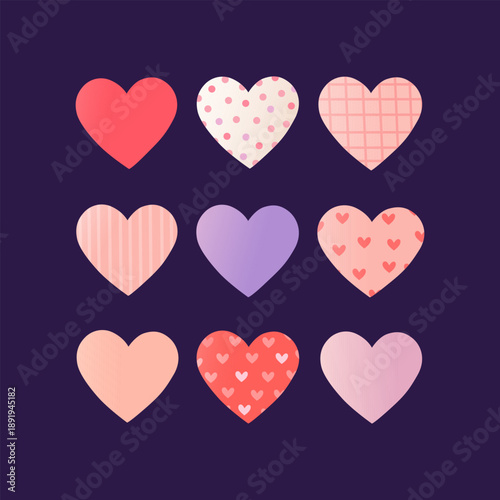 Valentine’s Day Hearts Set with Cute Prints Love Icons on Dark Purple Background, Romantic Flat Heart Collection for Greeting Cards, Branding, Packaging, Social Media and Holiday Design.