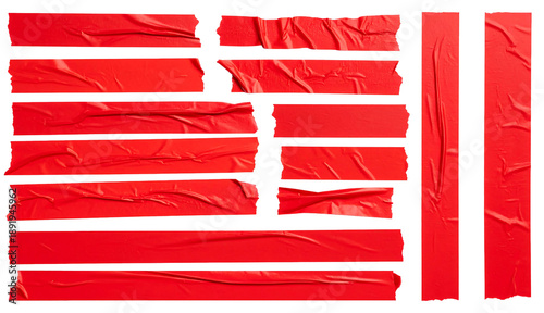 Collection of red adhesive tape strips and masking tape pieces isolated on white background, realistic sticky duct tape textures for scrapbooking, repair, and creative design mockups