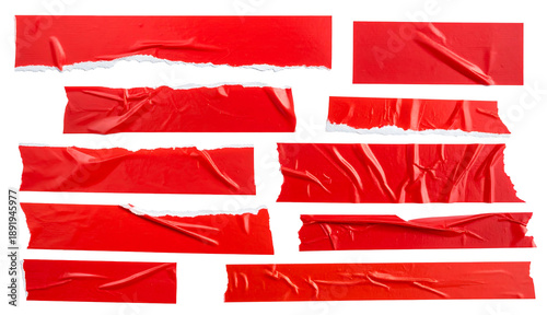Set of realistic red duct tape strips and torn adhesive masking tape pieces isolated on white background, wrinkled plastic electrical tape mockup for textured design and creative repair elements