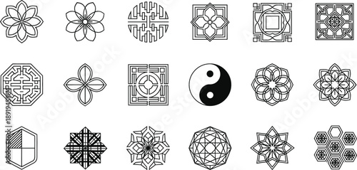 Geometric floral and symbolic vector icon set with mandalas yin yang patterns and ornamental line art