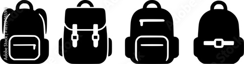 Four Different Backpack and Rucksack Icons Set for Travel and School.