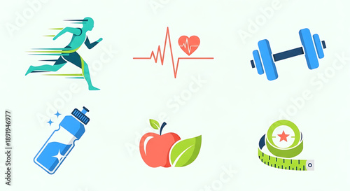 Healthy lifestyle icons representing fitness, nutrition, and well-being with running, heart rate, weights, water bottle, apple, and measuring tape