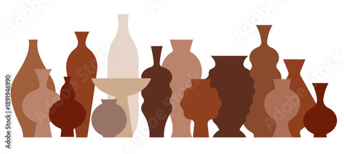 Ceramic vases collection in earthy tones, pottery silhouettes. Simplicity vector illustration, isolated.