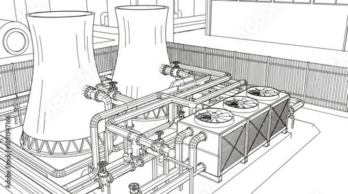 Industrial Cooling Systems, Power Plant, Illustration, Indoor, Technical View, Concept