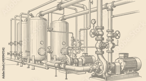 Industrial Equipment Installation, Pipes, Pumps, Workshop, Technical, Detailed