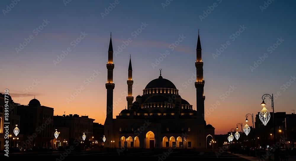 Obraz premium Majestic mosque silhouetted against a vibrant twilight sky, showcasing Islamic architecture and spiritual beauty at dusk, illuminated with decorative lights