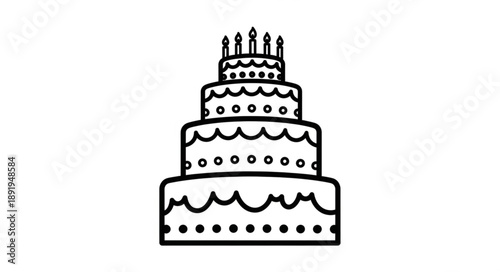 A simple line drawing of a multi-tiered birthday cake with candles.