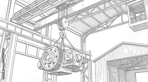 Heavy Machinery Lift, Engine Component, Industrial Warehouse, Illustration, Overhead, Technical Concept