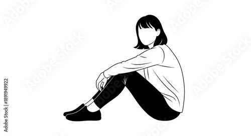Young Woman Sitting Alone With Faceless Appearance.