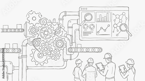 Industrial Automation, Engineers Analyzing Data, Manufacturing Facility, Illustration, Modern Environment, Group Perspective, Efficiency Concept