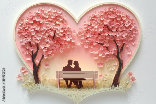 Intricate paper art depicts a couple silhouetted under blossoming trees within a heart shape