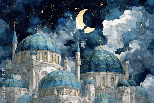Ornate religious architecture featuring numerous blue domes stands beneath a starry night sky illuminated by a crescent moon
