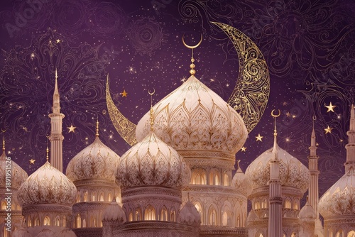 Ornate mosque domes and minarets illuminate a rich purple night sky featuring a golden crescent moon