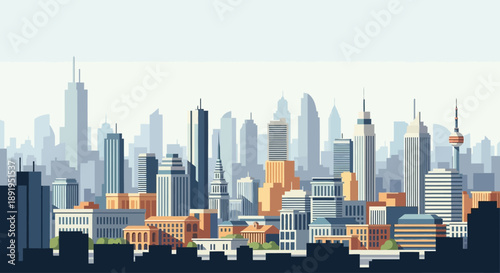Modern urban city skyline with contemporary buildings and skyscrapers, representing a bustling metropolitan landscape.