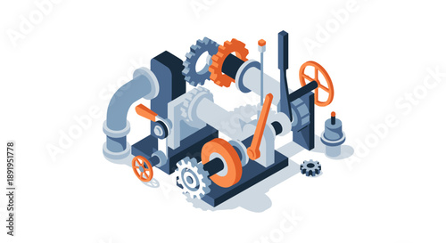 Isometric Industrial Machinery with Gears, Pipes, and Valves on Isolated White Background