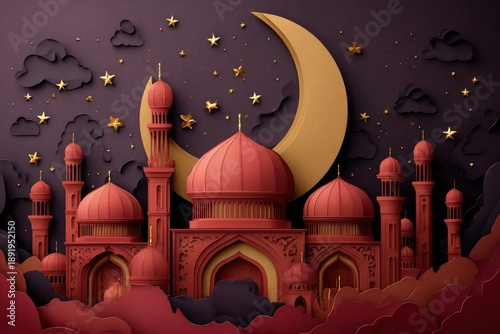 Stylized depiction of multiple Islamic religious structures illuminated against a night sky featuring a prominent crescent moon and stars