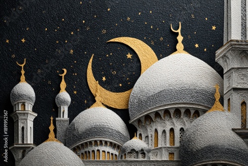 Ornate religious architecture features multiple domes and crescent symbols against a starry night sky backdrop